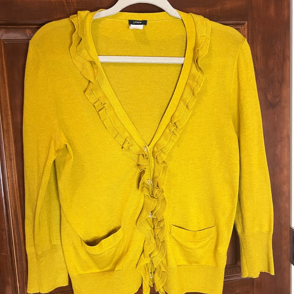 J. Crew Mustard Ruffle Cardigan Sweater
